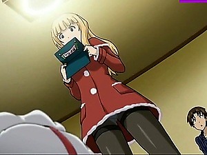 Blonde in red suit in hentai porn scene